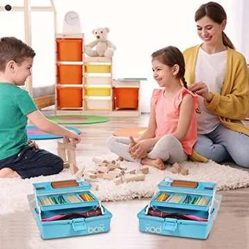 TERGOO 12in Three-Layer Multipurpose Storage Box Folding Tool Box/Art & Crafts Case/Sewing Supplies Organizer/Medicine Box/Family First Aid Box with 2 Trays (Blue)