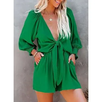 AlvaQ Jumpsuits for Women Dressy Spring Summer Sexy Cute Solid Color Long Sleeve Deep V Neck Short R...