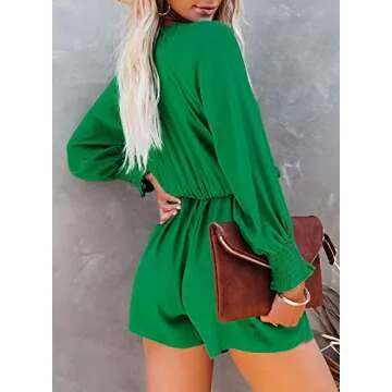 AlvaQ Jumpsuits for Women Dressy Spring Summer Sexy Cute Solid Color Long Sleeve Deep V Neck Short Rompers Party Date Night One Pieces Outfits Green Large