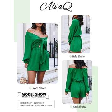 AlvaQ Jumpsuits for Women Dressy Spring Summer Sexy Cute Solid Color Long Sleeve Deep V Neck Short Rompers Party Date Night One Pieces Outfits Green Large