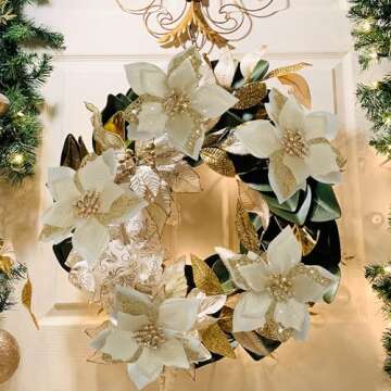 12 PCS Poinsettia Flower Artificial Poinsettia Christmas Decoration 5.9'' Gold Glitter Poinsettias Christmas Ornaments Christmas Tree Flower Decor with Clips DIY Xmas Wreath Holiday Home Party Decor