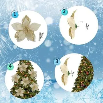 12 PCS Poinsettia Flower Artificial Poinsettia Christmas Decoration 5.9'' Gold Glitter Poinsettias Christmas Ornaments Christmas Tree Flower Decor with Clips DIY Xmas Wreath Holiday Home Party Decor