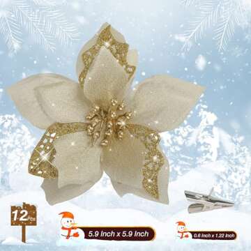 12 PCS Poinsettia Flower Artificial Poinsettia Christmas Decoration 5.9'' Gold Glitter Poinsettias Christmas Ornaments Christmas Tree Flower Decor with Clips DIY Xmas Wreath Holiday Home Party Decor