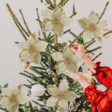 12 PCS Poinsettia Flower Artificial Poinsettia Christmas Decoration 5.9'' Gold Glitter Poinsettias Christmas Ornaments Christmas Tree Flower Decor with Clips DIY Xmas Wreath Holiday Home Party Decor