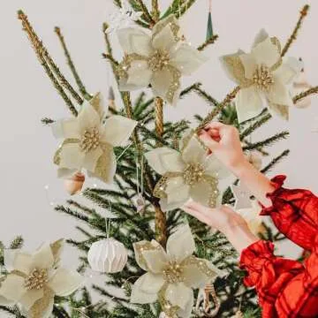 12 PCS Poinsettia Flower Artificial Poinsettia Christmas Decoration 5.9'' Gold Glitter Poinsettias Christmas Ornaments Christmas Tree Flower Decor with Clips DIY Xmas Wreath Holiday Home Party Decor