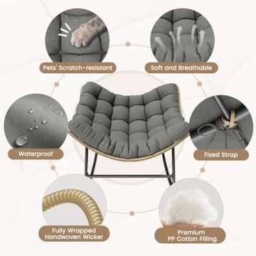 UDPATIO Outdoor Rocking Chair, Indoor Papasan Chair with Cushion, Oversized Rocker Lounge Chair, Royal Rattan Rocking Egg Chair for Patio, Porch, Garden, Living Room