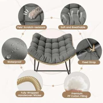 UDPATIO Outdoor Rocking Chair, Indoor Papasan Chair with Cushion, Oversized Rocker Lounge Chair, Royal Rattan Rocking Egg Chair for Patio, Porch, Garden, Living Room