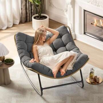 UDPATIO Outdoor Rocking Chair, Indoor Papasan Chair with Cushion, Oversized Rocker Lounge Chair, Royal Rattan Rocking Egg Chair for Patio, Porch, Garden, Living Room