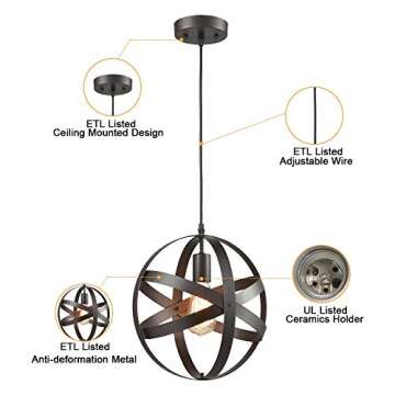 AXILAND Truelite Industrial Metal Spherical Pendant Displays Changeable Hanging Lighting Fixture