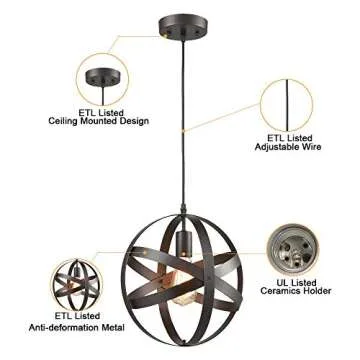 AXILAND Truelite Industrial Metal Spherical Pendant Displays Changeable Hanging Lighting Fixture