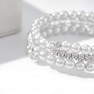 Masiter Layered Pearl Bracelet Stretch Glitter Rhinestone Bracelets Tennis Chain Wedding Costume Jewelry for Women (style1)