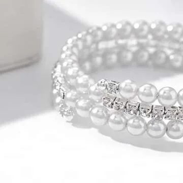 Masiter Layered Pearl Bracelet Stretch Glitter Rhinestone Bracelets Tennis Chain Wedding Costume Jewelry for Women (style1)