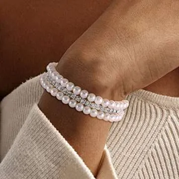 Masiter Layered Pearl Bracelet Stretch Glitter Rhinestone Bracelets Tennis Chain Wedding Costume Jewelry for Women (style1)