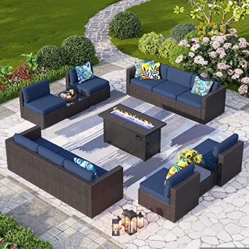 PHI VILLA 13-Piece Patio Furniture Set with Fire Pit Table Wicker Sectional Sofa Set Outdoor Rattan ...