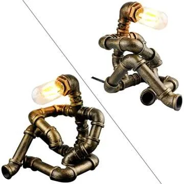 EFAYCRR Steampunk Table Lamp, Creative Robot Style Desk Lamp Vintage Industrial Water Pipe Light for Bedside Table Nightstand Bar Restaurant Café