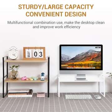 YGYQZ Wood Office Desk Shelf Organizer - Desktop Supplies Cute Dresser Top Organization Storage Rack and Cubicle Decor Aesthetic Bookshelf for Women Man and Kids (White White-Two Tier)