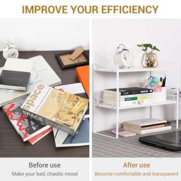 YGYQZ Wood Office Desk Shelf Organizer - Desktop Supplies Cute Dresser Top Organization Storage Rack and Cubicle Decor Aesthetic Bookshelf for Women Man and Kids (White White-Two Tier)