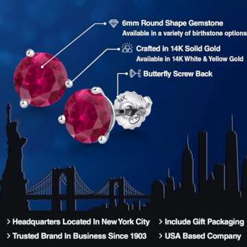 Gem Stone King 14K White Gold Martini Earrings | 3 Prong Screw Back Stud Earrings For Women Men | Ro...