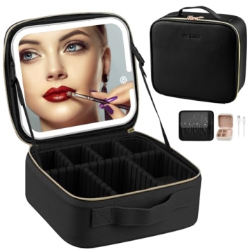 AZ GOGO Travel Makeup Bag with Lighted Mirror,Makeup Train Case with Light up Mirror 3 Color Brightn...