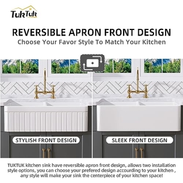TUKTUK Fireclay Farmhouse Sink Durable Double Bowl Apron Front