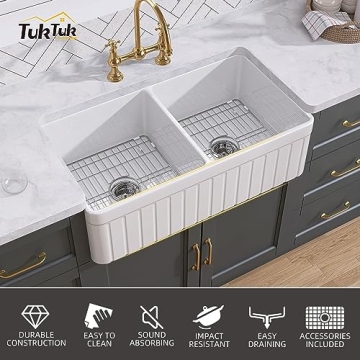 TUKTUK Fireclay Farmhouse Sink Durable Double Bowl Apron Front