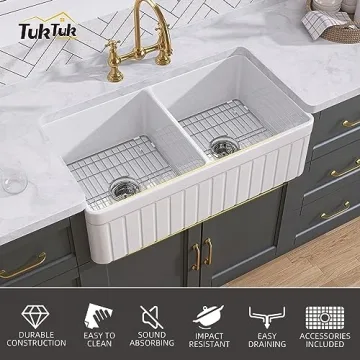TUKTUK Fireclay Farmhouse Sink Durable Double Bowl Apron Front