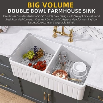 TUKTUK Fireclay Farmhouse Sink Durable Double Bowl Apron Front