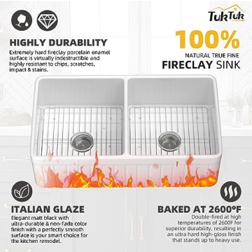 TUKTUK Fireclay Farmhouse Sink Durable Double Bowl Apron Front