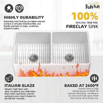 TUKTUK Fireclay Farmhouse Sink Durable Double Bowl Apron Front