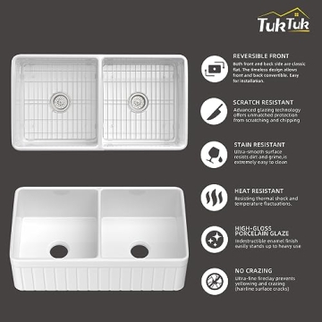 TUKTUK Fireclay Farmhouse Sink Durable Double Bowl Apron Front