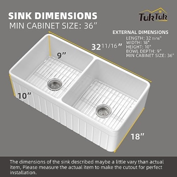 TUKTUK Fireclay Farmhouse Sink Durable Double Bowl Apron Front