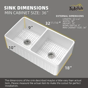 TUKTUK Fireclay Farmhouse Sink Durable Double Bowl Apron Front