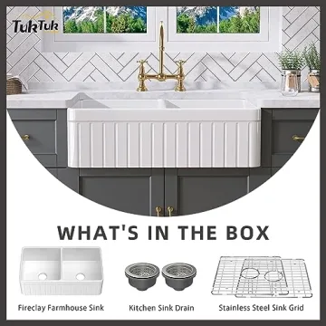 TUKTUK Fireclay Farmhouse Sink Durable Double Bowl Apron Front