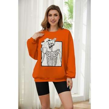 Meladyan womens Halloween Skull Graphic Print Fleece Oversized Sweatshirt Crewneck Long Sleeve Drop ...