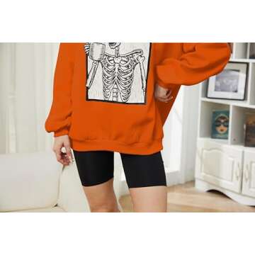Meladyan womens Halloween Skull Graphic Print Fleece Oversized Sweatshirt Crewneck Long Sleeve Drop Shoulder Pullover, Pumpkin Orange, X-Large