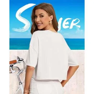 Urvicor Womens Half Sleeve Drop Shoulder Loose Fit Crop Tops Tee T Shirts Tshirts Trendy Casual Summer Basic Cute, White