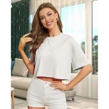 Urvicor Womens Half Sleeve Drop Shoulder Loose Fit Crop Tops Tee T Shirts Tshirts Trendy Casual Summer Basic Cute, White