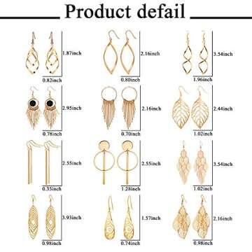 Gold Dangle Earrings for Women: 12 Pairs Drop Dangle Earrings Boho Fashion Jewelry Vintage Statement Boho Bohemian Earrings Set for Women - Dangling Earrings for Women Trendy Christmas Gifts