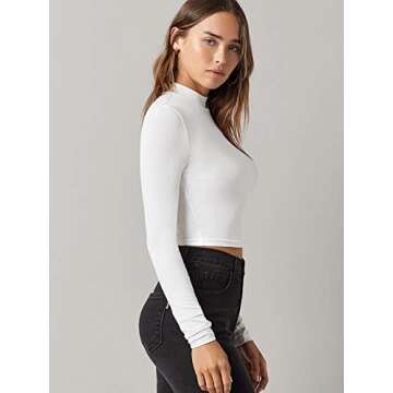 Verdusa Women's Basic Mock Neck Long Sleeve Fitted Crop T Shirt Top Cream White M