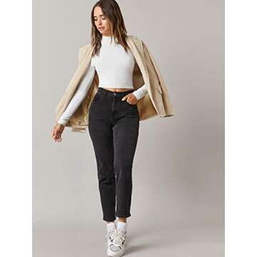 Verdusa Women's Basic Mock Neck Long Sleeve Fitted Crop T Shirt Top Cream White M