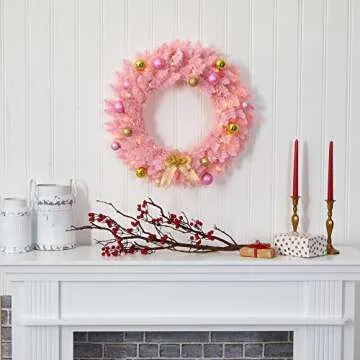 Nearly Natural Pink Christmas Wreath with LED Lights
