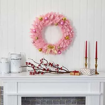 Nearly Natural Pink Christmas Wreath with LED Lights