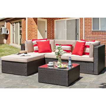 Vongrasig 5 Piece Patio Furniture Sets, All-Weather Brown PE Wicker Outdoor Couch Sectional Set, Sma...