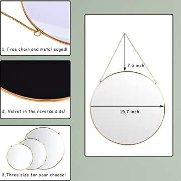 LONGWIN Hanging Wall Circle Mirror Decor Gold Geometric Mirror with Chain for Bathroom Bedroom Living Room 15.7"