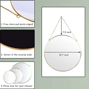 LONGWIN Hanging Wall Circle Mirror Decor Gold Geometric Mirror with Chain for Bathroom Bedroom Living Room 15.7"