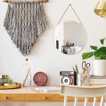 LONGWIN Hanging Wall Circle Mirror Decor Gold Geometric Mirror with Chain for Bathroom Bedroom Living Room 15.7"