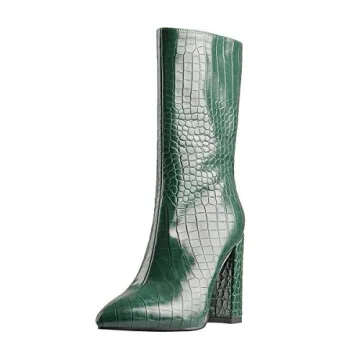 LISHAN Women's Crocodile Skin Mid-calf Chunky Heel Boots