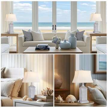 Hamucd Coastal Table Lamps Set of 2, Beach Living Lamps for Bedroom with USB A+C, Antique Grey Modern Resin LED 3-Color Temperature Bedside Nautical Decor, Nightstand Tropical Lamps for End Table.