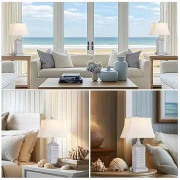 Hamucd Coastal Table Lamps Set of 2, Beach Living Lamps for Bedroom with USB A+C, Antique Grey Modern Resin LED 3-Color Temperature Bedside Nautical Decor, Nightstand Tropical Lamps for End Table.