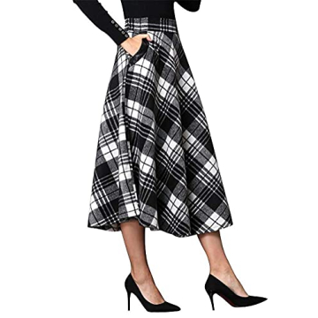 IDEALSANXUN Womens High Elastic Waist Maxi Skirt A-line Plaid Winter Warm Flare Long Skirt (X-Large,...